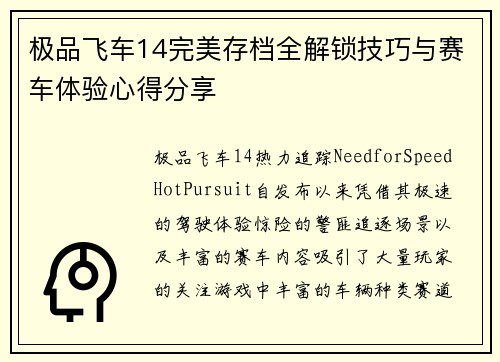 极品飞车14完美存档全解锁技巧与赛车体验心得分享